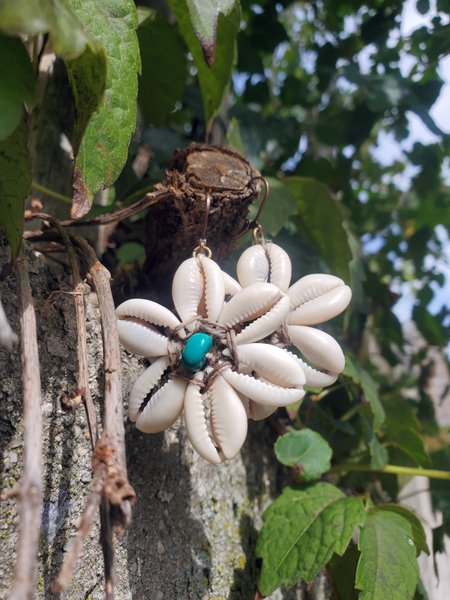 6 cowrie shells crocheted hemp flower earrings