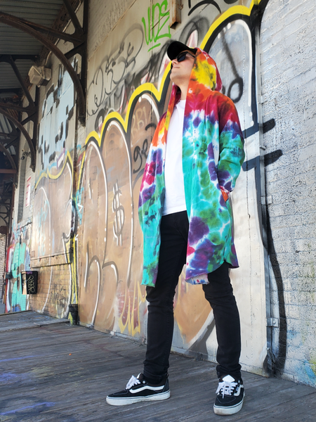 long oversized unisex tie dye hoodie with an pen front