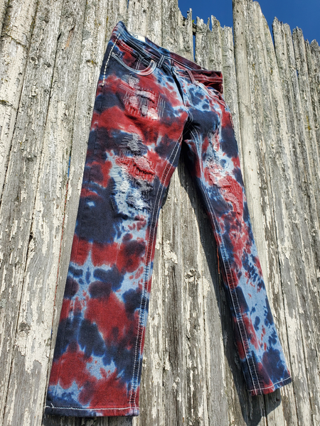 funky upcycled man's jeans; the very light denim pair was hand dyed in black & deep red colors. The jeans have distressed areas with  decorative stitches over - they are visible, since the dye did not color them.