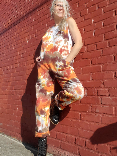 bright earthy tie dye overall with large front pockets