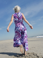 comfy loose linen jumpsuit in purple tie dye