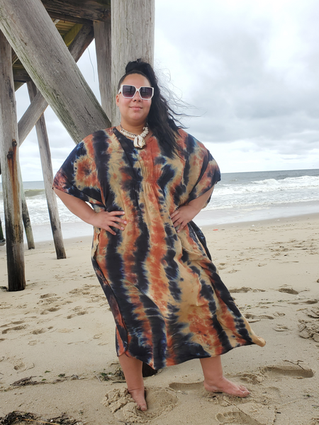 regular or plus soft rayon kaftan dress in earthy tie dye colors; modeled by Ana who is a size 3xl beauty