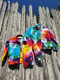Children to Youth Kids denim jackets; the  mini version of my adult jackets with all the same features. The jackets were originally white, the 97% cotton content holds the dyes really well! The colors come out and remain very bright and strong. These 2 baby jackets were tie dyed in bright Rainbow colors; yellow-oj-pink-purple-green-jade.