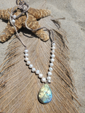 A beaded necklace with white freshwater (back side up) pearls and a teardrop-shaped iridescent labradorite pendant, styled on a brown feather with a starfish on a sandy beach background.