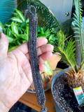 Hand holding a braided black leather cord bracelet with plants in the background. I'm showing the back side of the bracelet