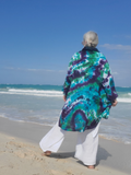 back view of this extra long line shirt, hand dyed. Photo - at the beach
