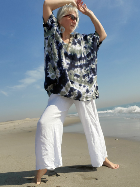 pure linen boxy tunic top with front patch pockets, one size hand dyed in sage-black