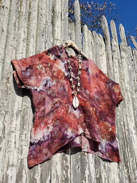 pretty ice dye boxy loose fit linen top with front pockets - displayed flat on our fence
