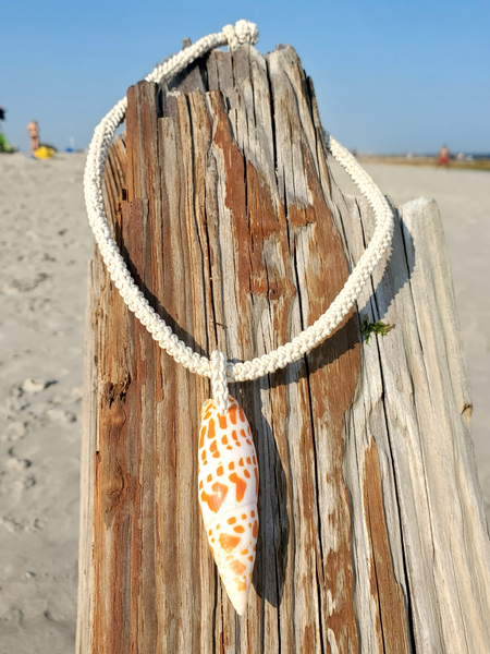 Necklace with an orange mitra shell pendant on a wooden post by the beach