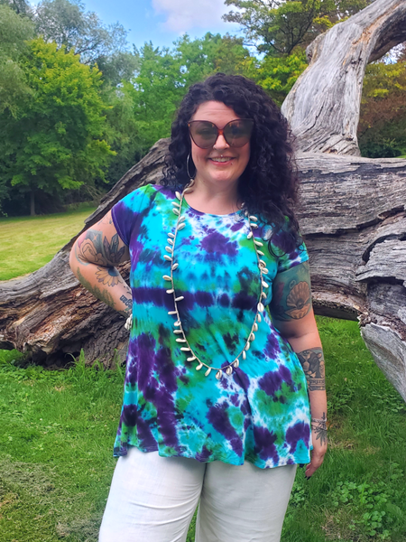 sweet a-line tunic op with a scoop neckline and side pockets, hand dyed in purple-green-jade-black colors