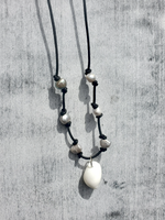 Knotted Leather Cord with Grey Pearls and  a Moon Shell Pendant