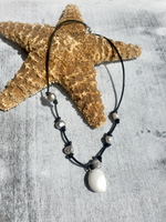 Knotted Leather Cord with Grey Pearls and  a Moon Shell Pendant