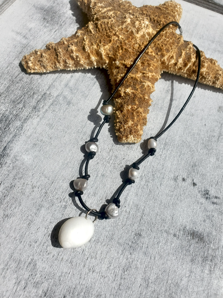 Knotted Leather Cord with Grey Pearls and  a Moon Shell Pendant