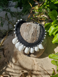 Necklace with black cord and white shells on a coconut with greenery in the background