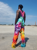 A man stands on a sandy beach facing away from the camera, wearing a vibrant tie-dye overall jumpsuit with a rainbow of colors including pink, purple, blue, green, orange, and yellow.