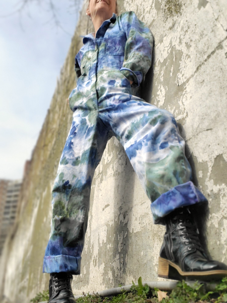 blues and green ice dye utility suit, unisex