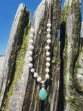 KINGMAN Turquoise Pendant necklace with Knotted Pearls and Ties