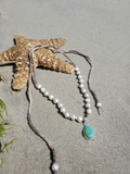 KINGMAN Turquoise Pendant necklace with Knotted Pearls and Ties