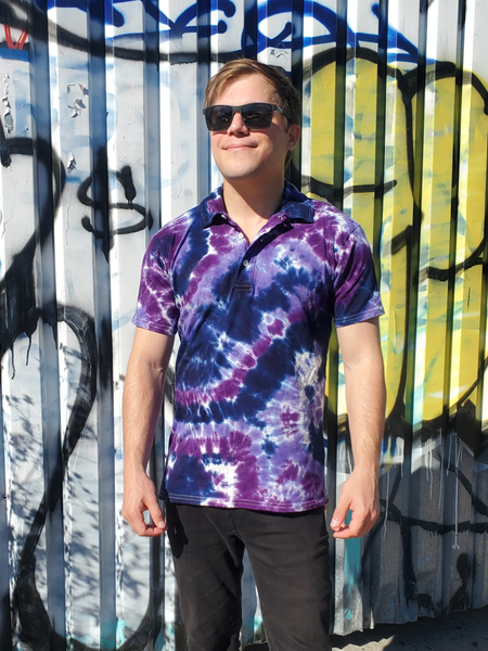 short sleeve collared front button polo shirt, organic cotton, purple tie dye