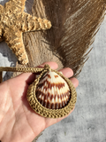 Crocheted Shell Necklace with Green or Beige Cord
