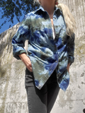 medium  blue lightweight denim shirt with button front hand dyed in olive navy colors