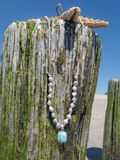 Silver Pearls Adjustable Necklace with a Larimar Pendant