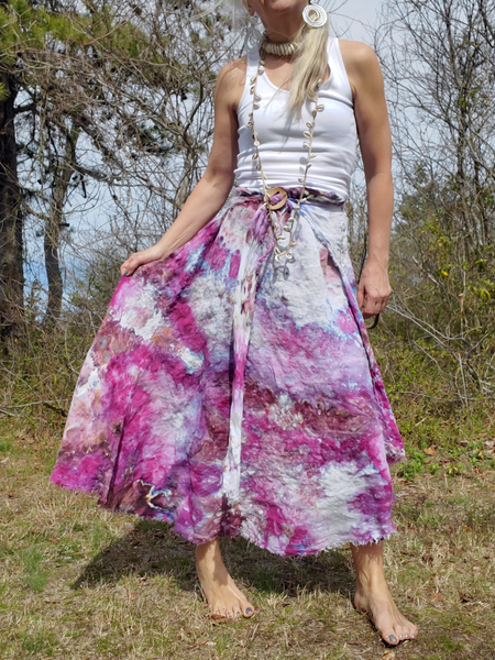A pure linen maxi skirt with adjustable front ties a-symmetric hem  with ray fringy finish,  one size fits S-XL, hand dyed in pinks & purples