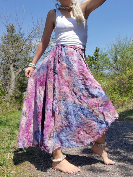 a-symmetric one size ice dye pure linen skirt with a belt