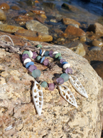 pastel color African glass beads with 3 sliced shells, adjustable necklace