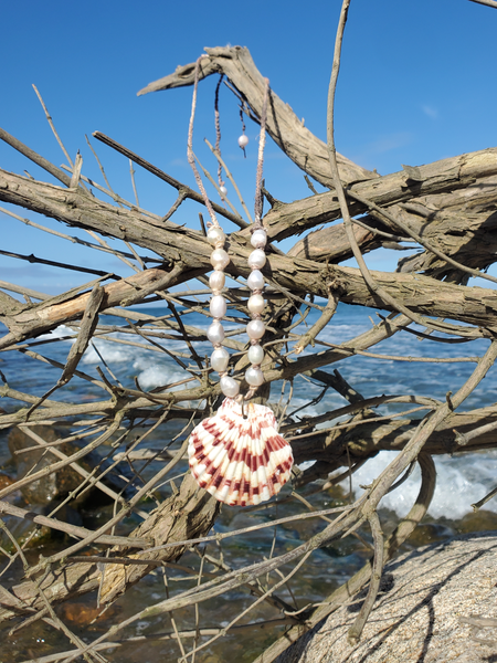 Striped shell pendant with knotted pearls on hemp cord adjustable choker necklace - with ties