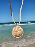 Shell pendant necklace with a beach and ocean background