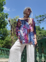 ice dye navy brown purple loose fitting kaftan top or tunic with short sleeves, a feminine beat neck