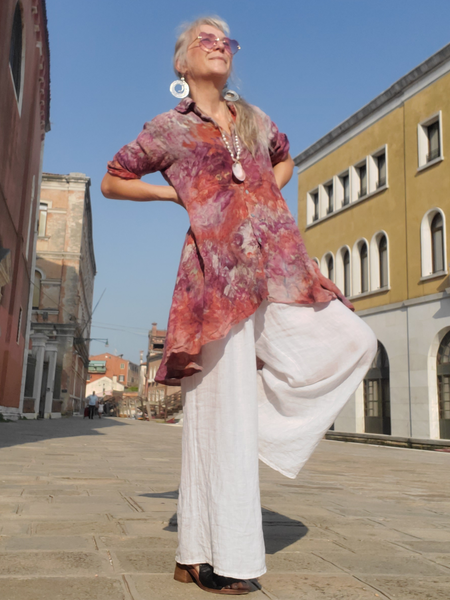 hi-low pure linen shirt tunic with button front, a collar, side pockets. Ice dye rust-dusty-grey colors, 3/4 sleeves