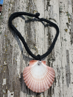 hand made black rope necklace  with loop-knob closure,  natural big shell pendant with pearl accent