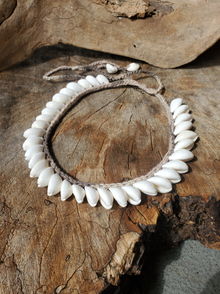 white cowrie shell worked on a variegated hemp cord, with adjustable ties 