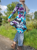 tie dye wrap cardigan secured with a long belt - tied in the back, uneven hem, modeled with a pair of jeans - tunic length