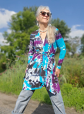 long sleeve wrap cardigan with belt; colors purple-black=turquoise, hand dyed, soft stretchy rayon jersey