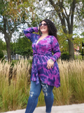 long sleeve wrap cardigan with belt; colors plum & navy, hand dyed, soft stretchy rayon jersey, modeled in XL by a curvy beauty, tunic length- just above the knee.