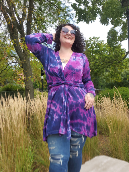 long sleeve wrap cardigan with belt; colors plum & navy, hand dyed, soft stretchy rayon jersey
