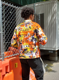 Cool denim jacket in tie dye: I added yellow-orange-black dye to make this already interesting jacket. Besides the usua denim jacket details, this style is embellished on the back with square shaped square patches with the words - WORLD TOUR-PARIS-TOKYO-LONDON-MILANO-LOS ANGELES.  On this photo - taken on a Brooklyn street, Daniel is photographed from the back.l 