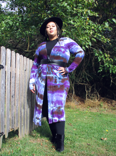 My curvy beauty -size 2/3 Ana is modeling my long ribbed rayon jersey duster cardigan with extra long sleeves that has thumbholes.. The duster also has 2 patch pockets, and is hand dyed with 2 shades of purple & black colors.