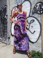 The modeled dress here is no longer available, this listing is for an almost identical dress - that has a straightbottom hem, and a navy-purples tie dye combo. 