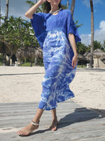 Loose beach kaftan or dress; one size, with an elastic front and back under the chest, hand dyed in periwinkle. 
