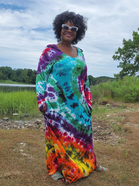 Hooded Tie Dye Dress with Long Sleeves - RAINBOW GALAXY vacationwardrobe.com Hooded Tie Dye Dress with Long Sleeves - RAINBOW GALAXY vacationwardrobe.com