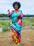 I adore this long sleeve hooded dress! It can be worn all year round. I tie dyed it in bright rainbow colors, my curvy friend Lisa is the model here. See next!