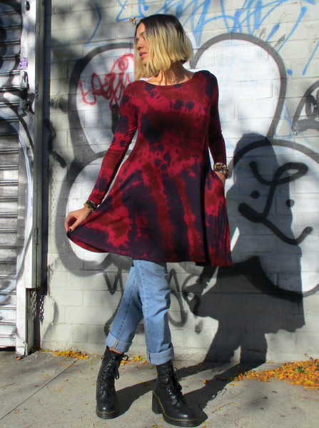 A-line long sleeve mini dress or tunic with pocket, tie dye maroon-navy-brown