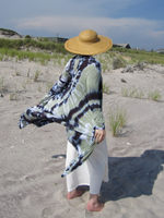 Beach photoshoot with my daughter Stephanie.  She's modeling my tie dye midi cardigan, along with a straw hat, a white tank and a maxi skirt. I hand dyed this combo in sage & black colors
