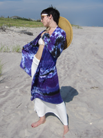 Stpehanie on the beach; Modeling my open fron basic midi cardigan. She has a white bikini top, a maxi skirt under the cardigan.. Hand dyed per order purple shades with black