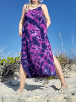 A pretty beach photo; I'm wearing a midi dress with side slits, pockets, and adjustable straps. I had dyed this combo in navy first, then "filled out" the remaining white areas with a plum color.